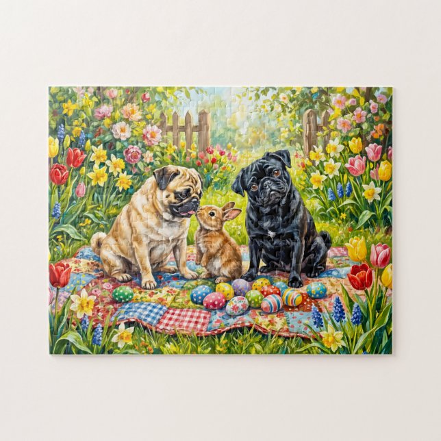 Whimsical Easter Picnic Mops Dog Illustration Jigsaw Puzzle (Horizontal)