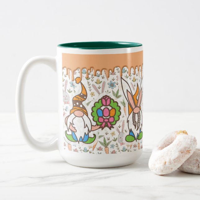 Whimsical Easter-Themed With Gnomes Two-Tone Coffee Mug (With Donut)