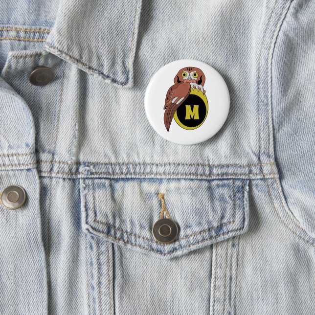Whimsical Eastern Screech Owl Monogram 6 Cm Round Badge (In Situ)