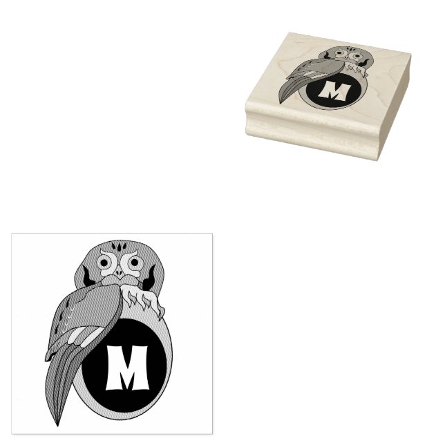 Whimsical Eastern Screech Owl Monogram Rubber Stamp (Stamped)