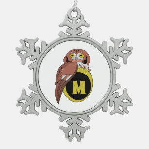 Whimsical Eastern Screech Owl Monogram Snowflake Pewter Christmas Ornament