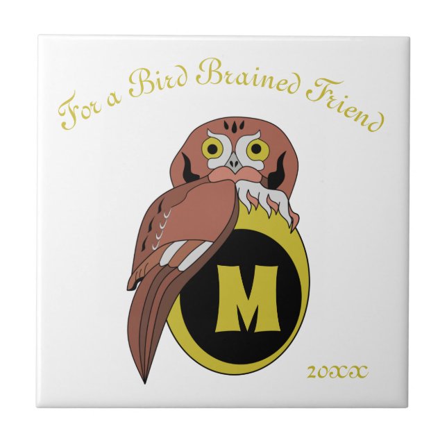 Whimsical Eastern Screech Owl Monogram Tile (Front)