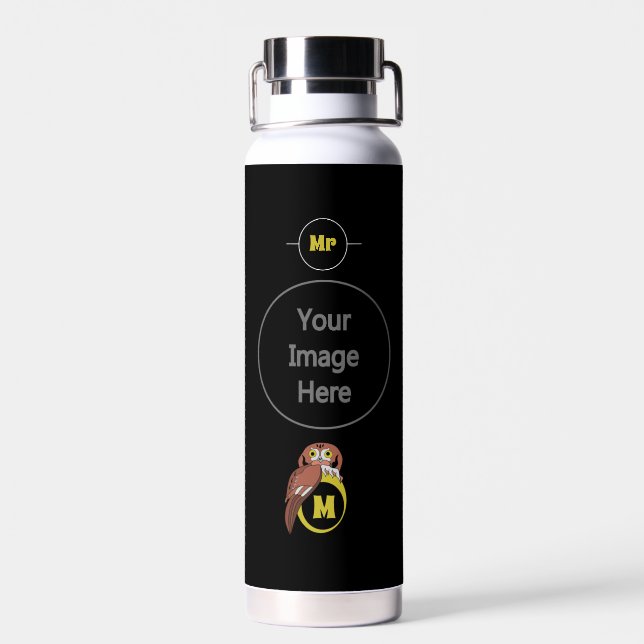 Whimsical Eastern Screech Owl Monogram Water Bottle (Back)