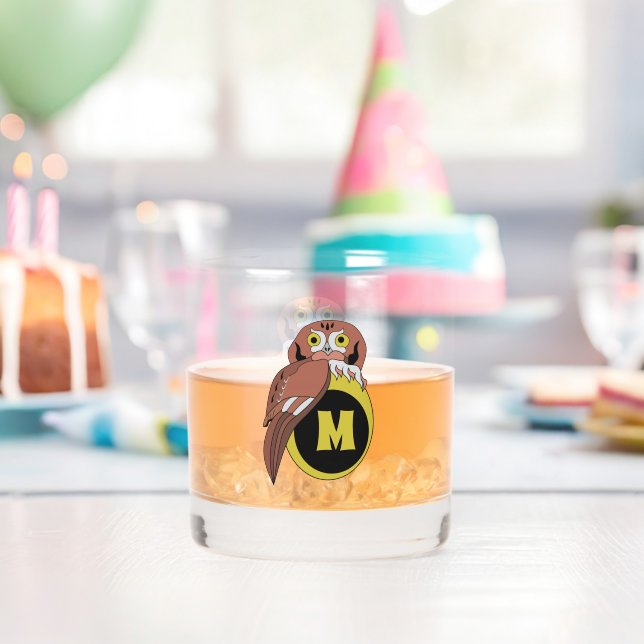 Whimsical Eastern Screech Owl Monogram Whiskey Glass (Insitu (Birthday))