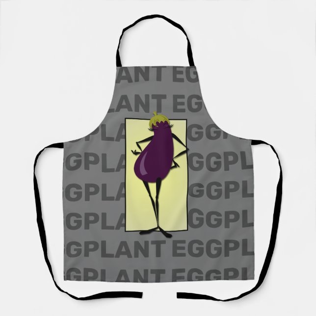 WHIMSICAL EGGPLANT CHARACTER ILLUSTRATION APRON  (Front)