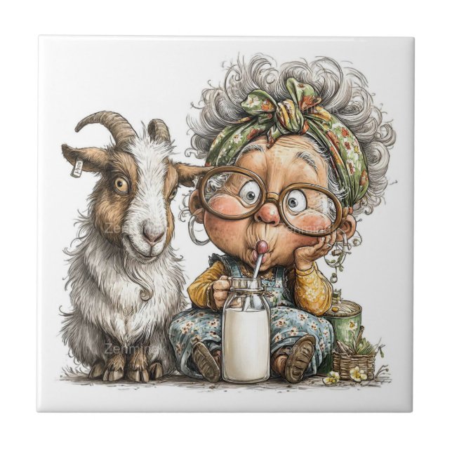 Whimsical elder lady with goat tile (Front)