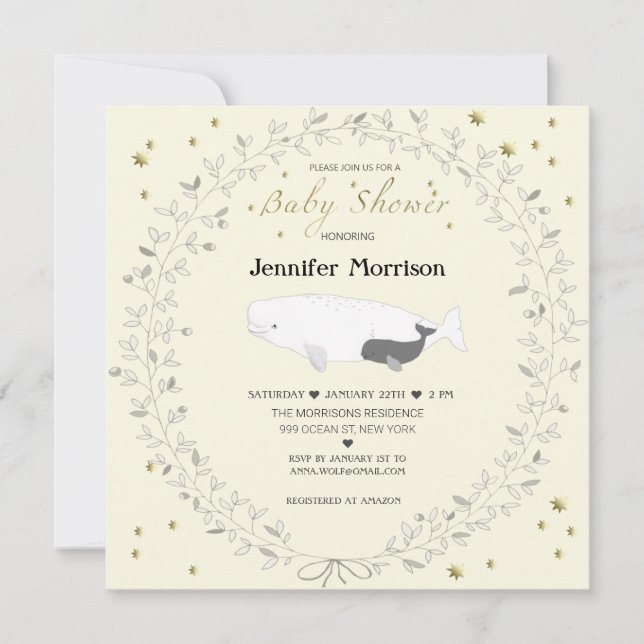 Whimsical Elegant Beluga Whale Baby Shower Invitation (Front)