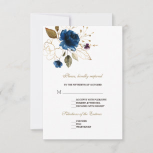 Whimsical Elegant Blue Gold Floral Wedding RSVP Card