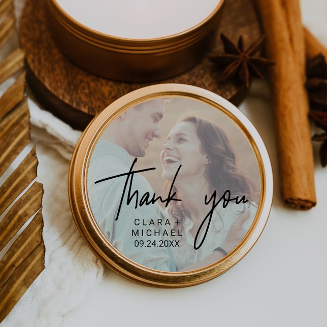 Whimsical Elegant Boho Photo Wedding Thank You Classic Round Sticker (Creator Uploaded)