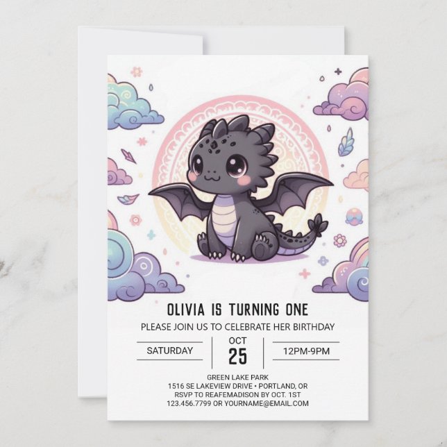 Whimsical Elegant Dragon 1st Birthday Invitation (Front)