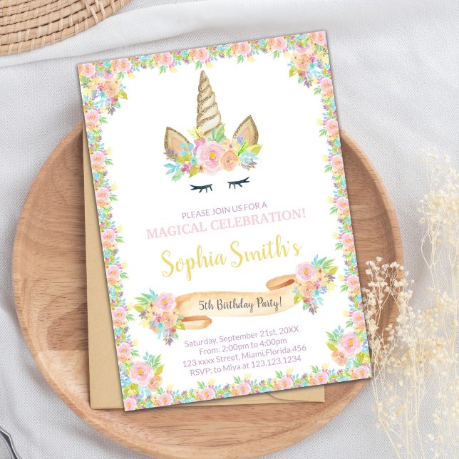 Whimsical & Elegant Party Invite (Floral Unicorn Invitations)