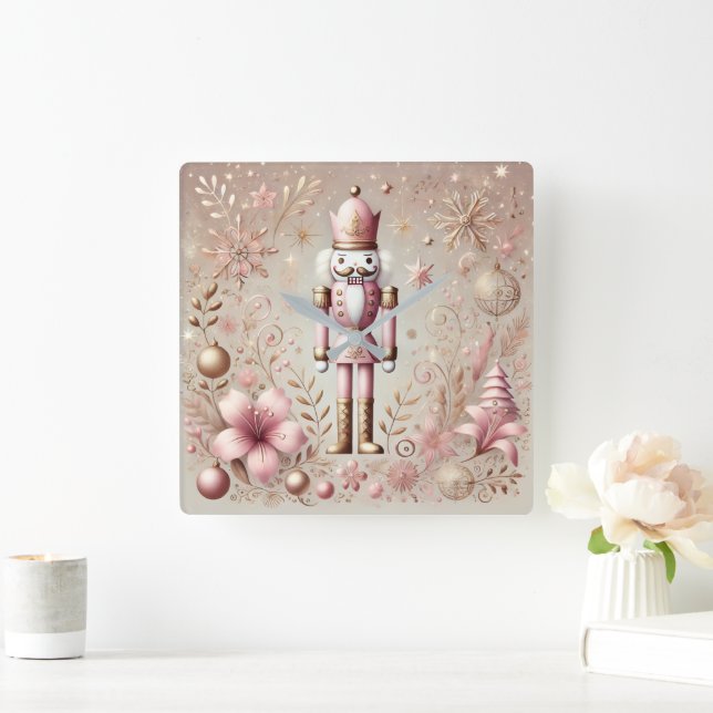 Whimsical Elegant Pink & Gold Pastel Nutcracker Square Wall Clock (Home)