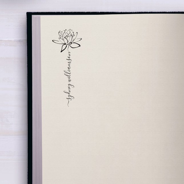 Whimsical Elegant Script Custom Name Lotus Flower  Rubber Stamp (Elegant whimsical script lotus flower custom name signature.  Perfect to sign your library books!)