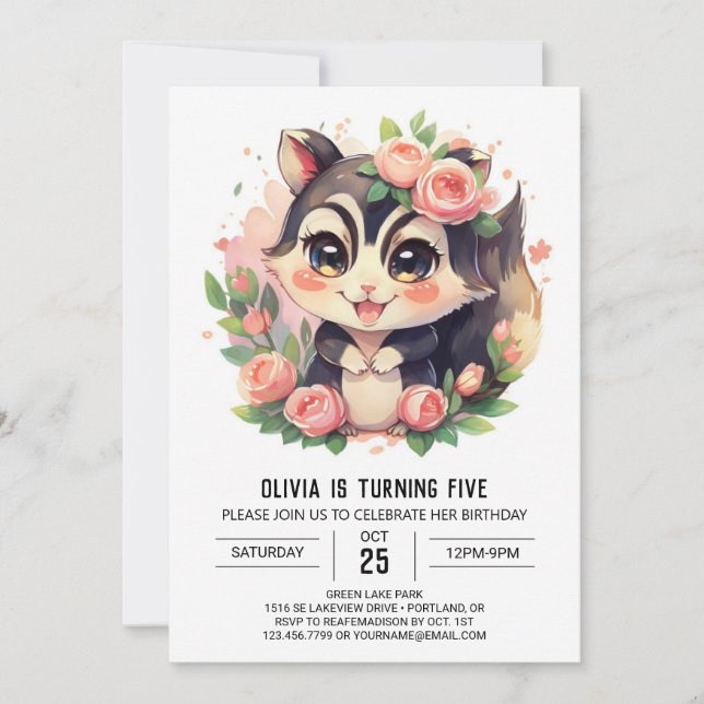 Whimsical Elegant Skunk Birthday Invitation (Front)