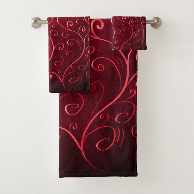 Whimsical Elegant Textured Red Swirl Pattern Bath Towel Set (Insitu)