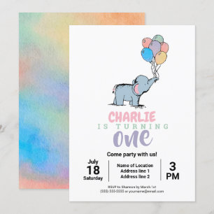 Whimsical Elephant and Balloons Birthday Invites
