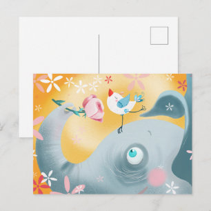 Whimsical Elephant and Bird Postcard