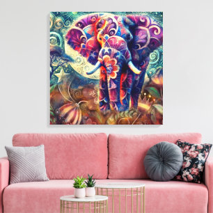 Whimsical Elephant at Night Blue Purple Stars Moon Canvas Print