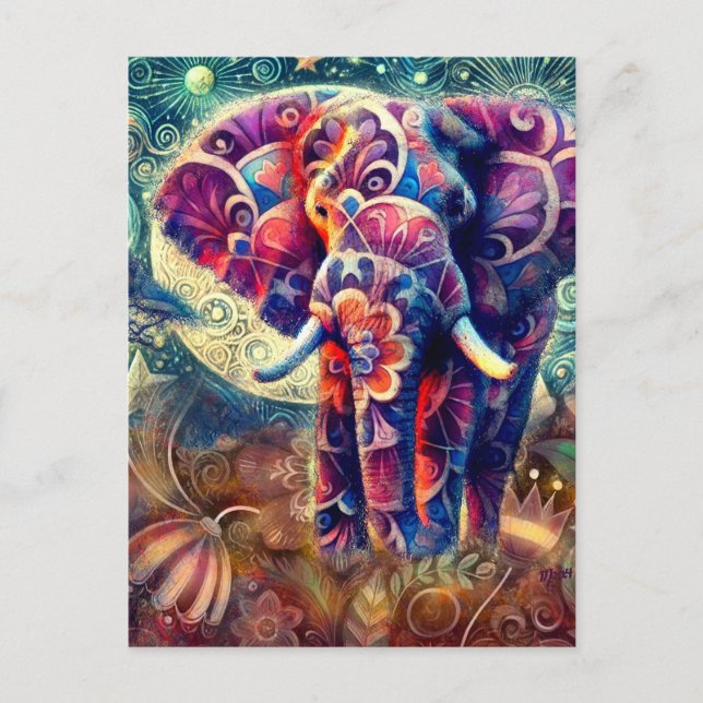 Whimsical Elephant at Night Blue Purple Stars Moon Postcard (Front)