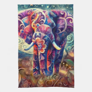 Whimsical Elephant at Night Blue Purple Stars Moon Tea Towel