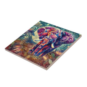 Whimsical Elephant at Night Blue Purple Stars Moon Tile