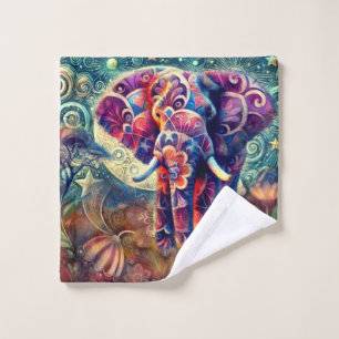 Whimsical Elephant at Night Blue Purple Stars Moon Wash Cloth