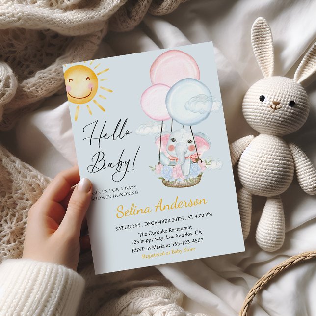 Whimsical Elephant Balloon Baby Shower Invitation  (Creator Uploaded)