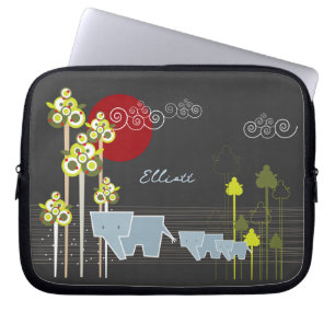 Whimsical Elephant Family In The Forest & Red Sun Laptop Sleeve