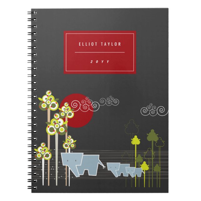 Whimsical Elephant Family In The Forest & Red Sun Spiral Notebook (Front)