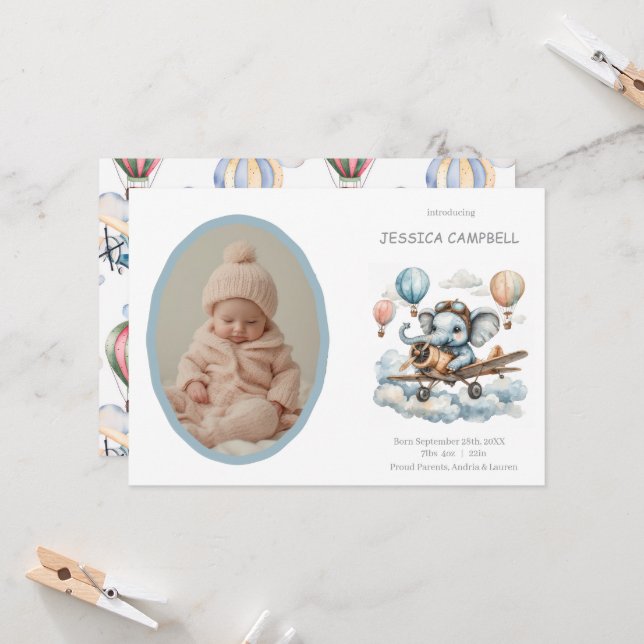 Whimsical Elephant Flying Baby Birth  Announcement (Front/Back In Situ)
