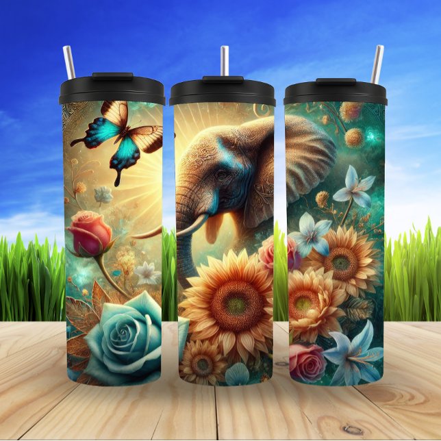 Whimsical Elephant in Floral Fantasy Thermal Tumbler (Creator Uploaded)
