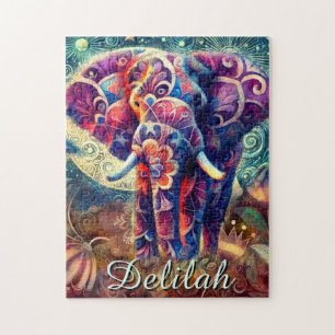 Whimsical Elephant Night Stars Moon Personalised Jigsaw Puzzle