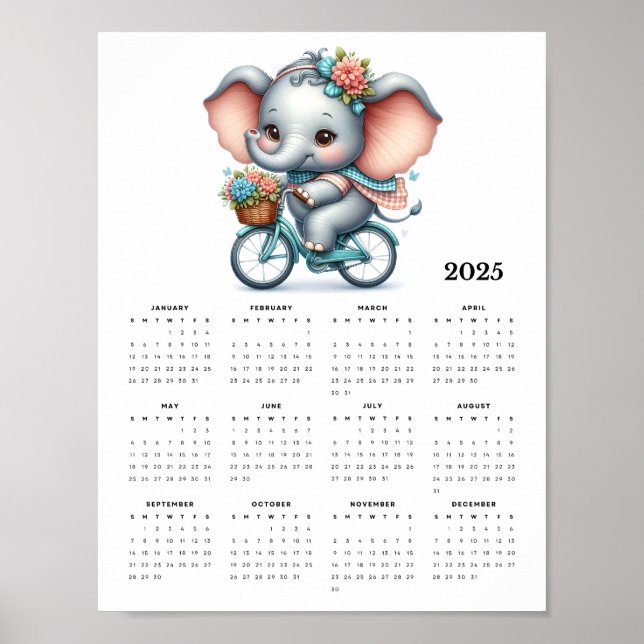 Whimsical Elephant on a Bicycle 2025 Wall Calendar Poster (Front)