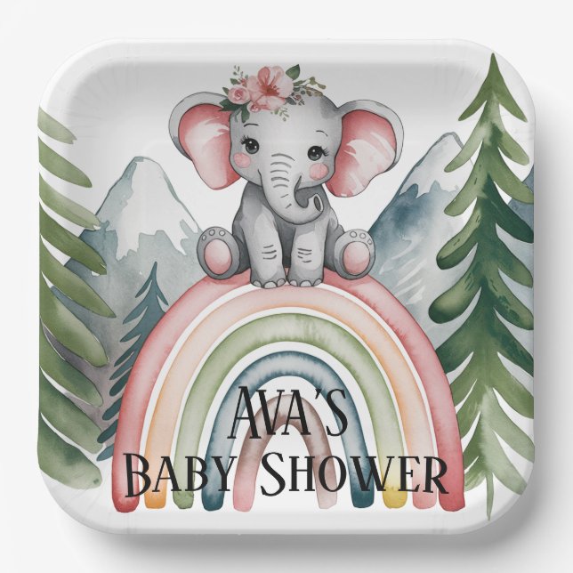 Whimsical Elephant Rainbow Baby Shower Paper Plate (Front)