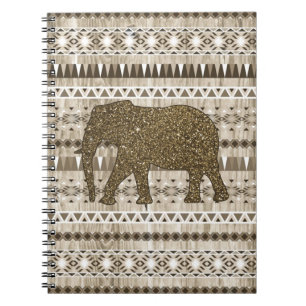 Whimsical Elephant Tribal Pattern on Wood Design Spiral Notebook