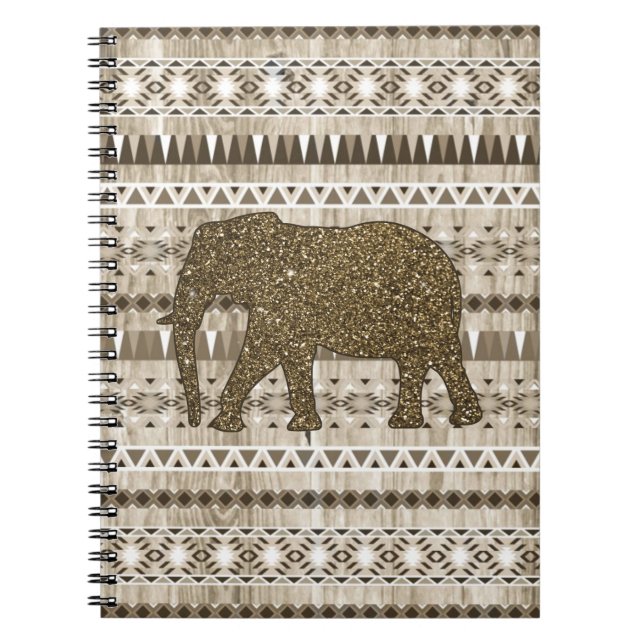 Whimsical Elephant Tribal Pattern on Wood Design Spiral Notebook (Front)