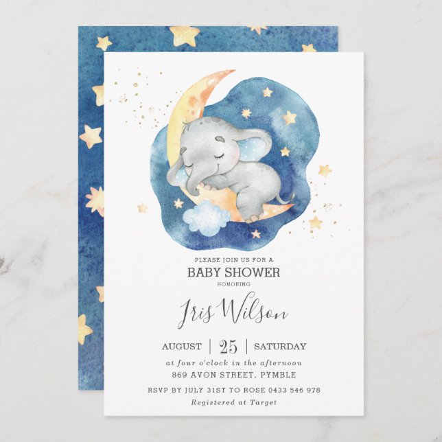 Whimsical Elephant Twinkle Star Baby Shower Boy Invitation (Front/Back)