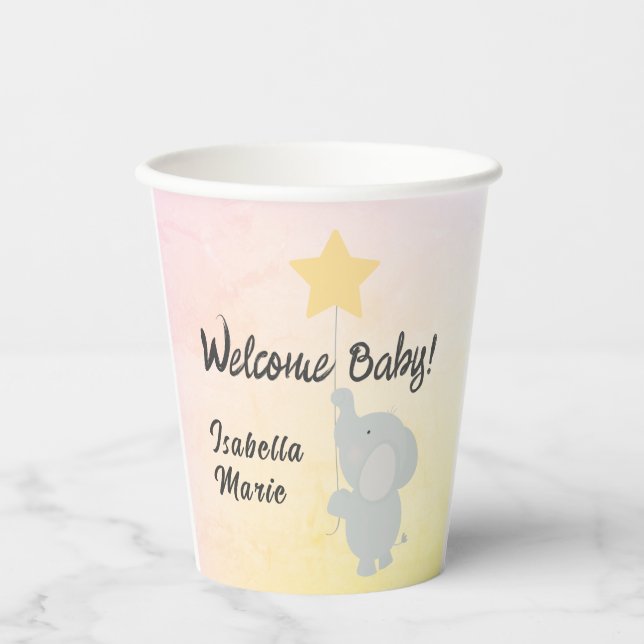 Whimsical Elephant Welcome Baby Paper Cups (Front)