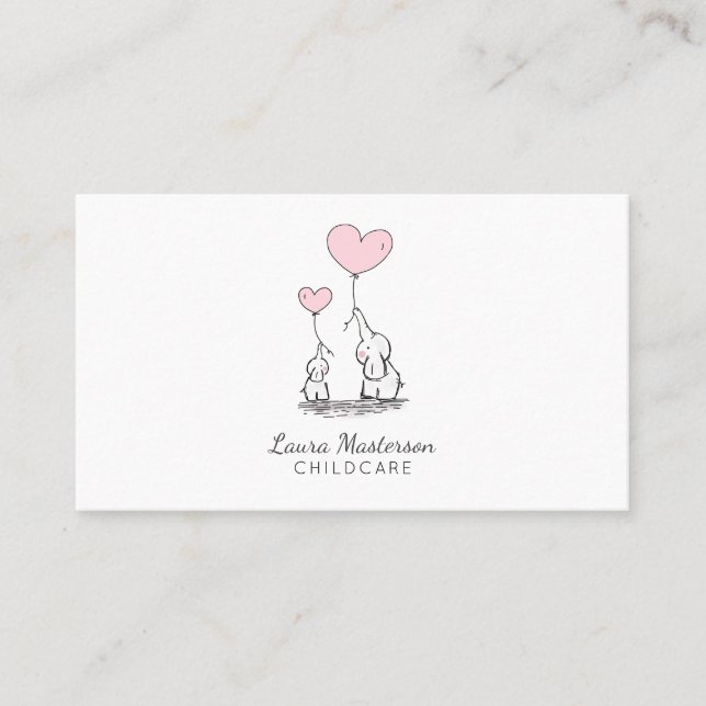 Whimsical Elephants and Balloons Childcare Busines Business Card (Front)
