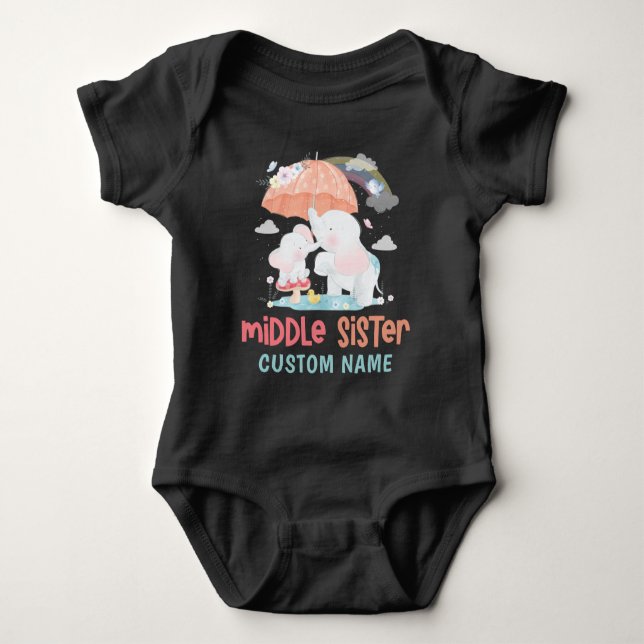 Whimsical Elephants Middle Sister Custom Name Baby Bodysuit (Front)