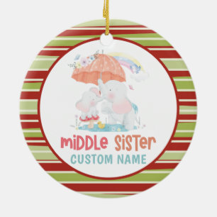 Whimsical Elephants Middle Sister Custom Name Ceramic Tree Decoration