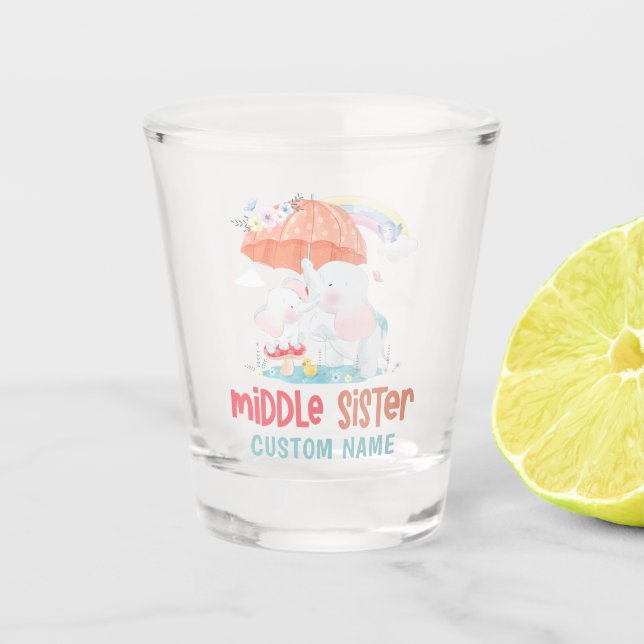 Whimsical Elephants Middle Sister Custom Name Shot Glass (Front)