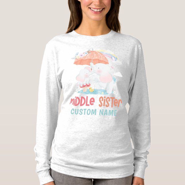Whimsical Elephants Middle Sister Custom Name T-Shirt (Front)