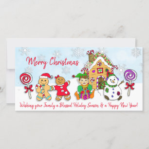 Whimsical Elf and Gingerbread House Christmas Card
