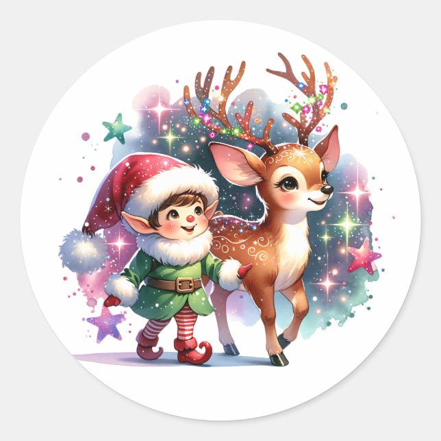 Whimsical Elf and Reindeer Christmas Classic Round Sticker (Front)