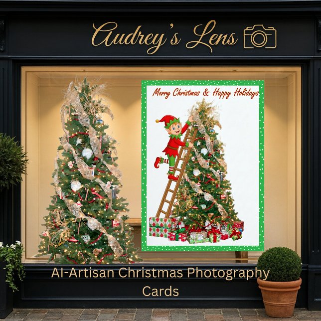 Whimsical Elf Climbing Ladder to Tree  Holiday Card (Creator Uploaded)