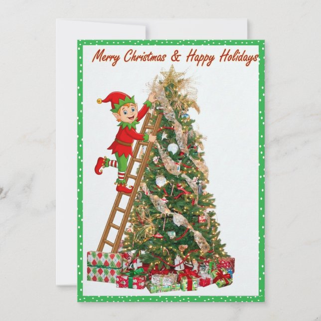 Whimsical Elf Climbing Ladder to Tree  Holiday Card (Front)