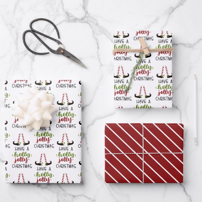 Whimsical Elf HOLLY JOLLY CHRISTMAS Red Green Wrapping Paper Sheet (Front)