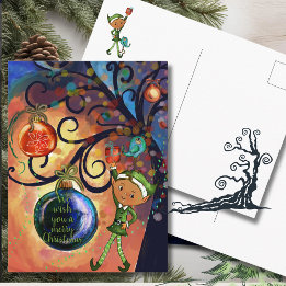 Whimsical Elf with Bird under a Tree Christmas  Postcard