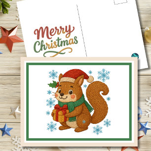 Whimsical Embroidered Squirrel Christmas Postcard
